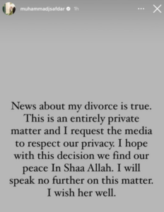 Instagram story confirming divorce statement